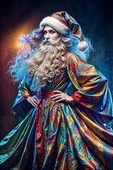 Majestic figure dressed as Santa Claus with long curly hair and a colorful gown in a magical setting