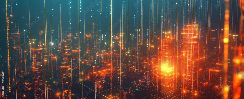 Poster a futuristic city skyline with glowing lines and lights, representing the interconnectedness of mode