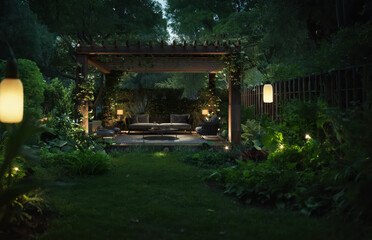 Cozy Garden Retreat with Pergola and Soft Evening Lighting
a charming outdoor garden scene featuring a wooden pergola adorned with lush greenery and ambient evening lighting. Under the pergola