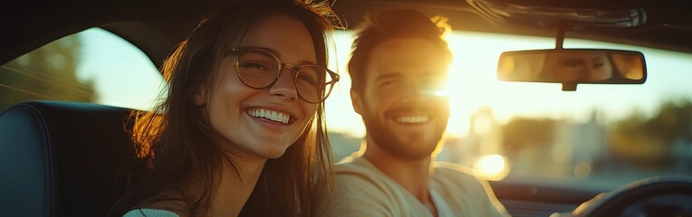 Happy couple enjoying a scenic road trip together inside their car