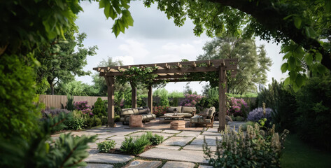 Cozy Garden Oasis with Pergola and Lush Greenery
a beautifully designed garden featuring a wooden pergola providing shade over a comfortable outdoor seating area. 