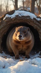 Obraz premium Close-Up of Punxsutawney Phil Peeking from Burrow in Winter Scene