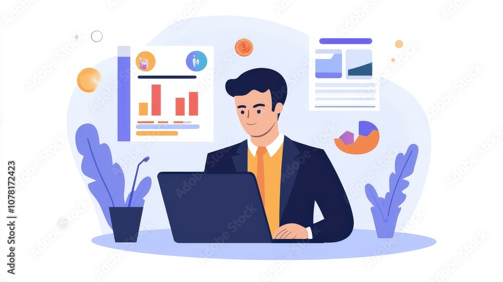 Poster businessman analyzing data on laptop with charts and graphs