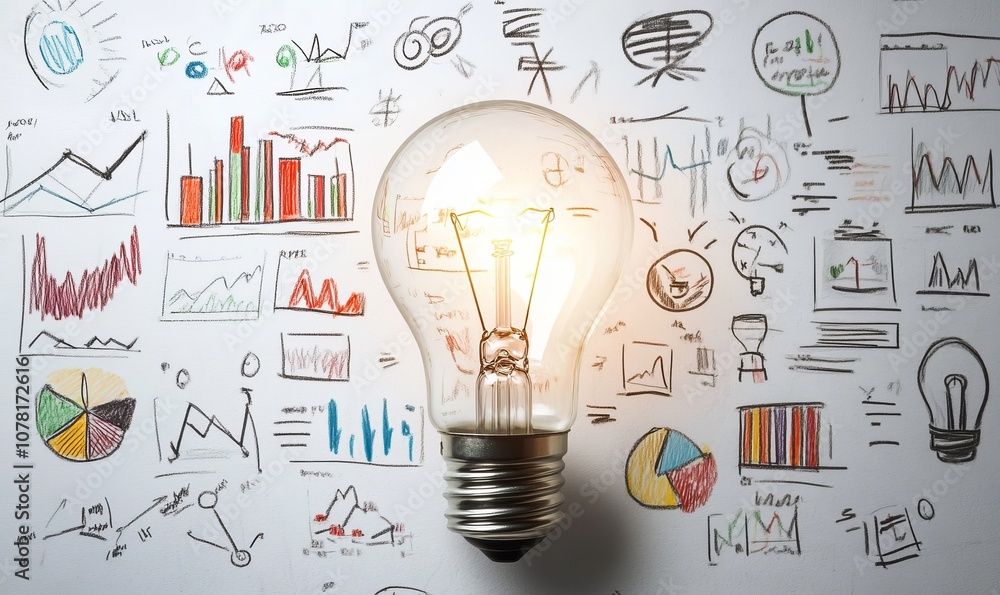 Aufkleber light bulb glowing over a white board with colorful sketches of graphs, charts, and diagrams.