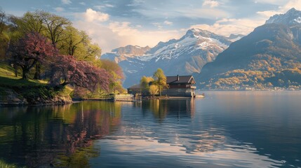 Obraz premium Serene Lake with Mountains and Blooming Trees at Sunset
