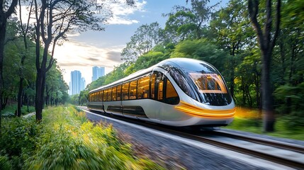 Obraz premium A sleek, silver electric train gliding effortlessly along futuristic tracks, surrounded by lush greenery and solar panels