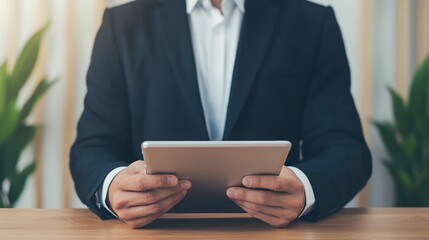 Professional man holding a tablet while seated at a desk, surrounded by decorative plants.