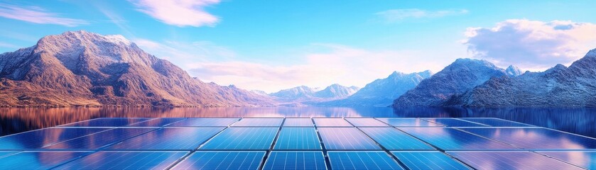 Futuristic landscape of solar panels stretching into the horizon under a vibrant blue sky.