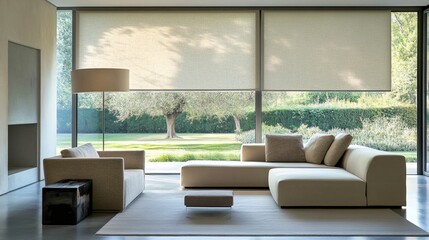 Fototapeta premium Modern living room with sectional sofa and garden view