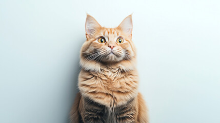 Obraz premium Close-up portrait of a fluffy ginger cat with orange eyes and long whiskers against a light background, showcasing its expressive face and fur texture.