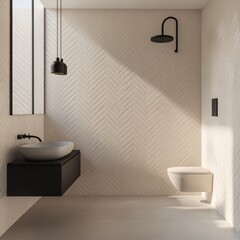 Modern Bathroom Interior Design with White Tile and Black Accents