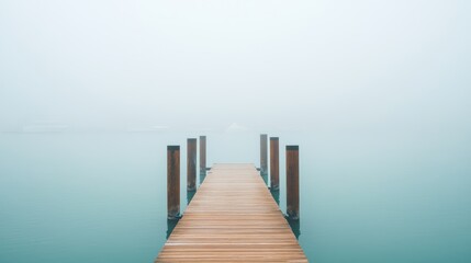 A wooden pier extends into a misty lake, vanishing into the fog. The water is calm and the sky is a...