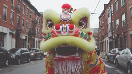 A yellow and red lion dance costume with a wide open mouth, looking directly at the camera, with a blurred background of city streets and parked cars.