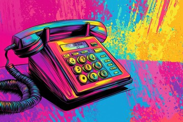 A colorful, retro-style telephone on a vibrant background.