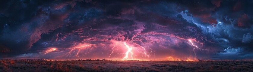 Dramatic Panoramic Thunderstorm with Striking Lightning Over Open Field Under Dark, Ominous Clouds at Sunset