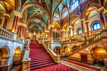 Obraz premium A photorealistic AI depiction of Budapest Parliament's grand stairway, showcasing intricate detail.