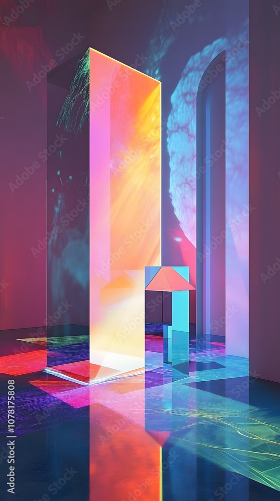 Poster 48. a high-tech 3d showcase with geometric forms, digital projections, and an ample vertical area fo