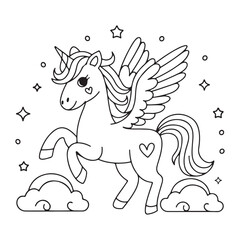 Cute Line Art with Unicorn, Mermaid Cat, Narwhal, and Rainbow