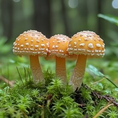 Vibrant orange-capped mushrooms growing in the forest on moss-covered floor