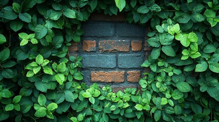 A brick wall partially obscured by vibrant green foliage.