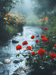Obraz premium A stream flows through a misty forest with red roses blooming along its banks.
