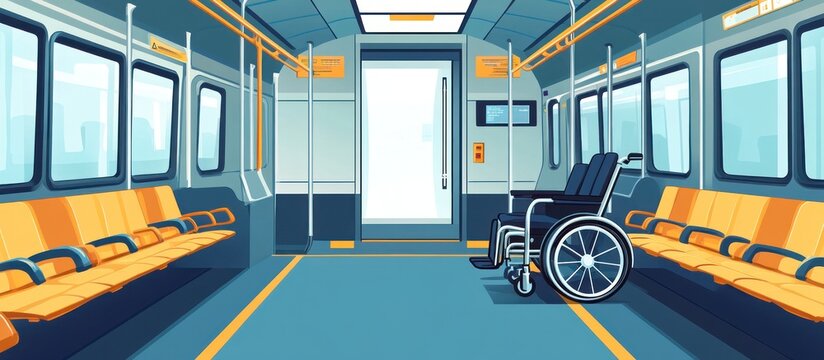 Empty interior of public transport with a wheelchair in the middle.