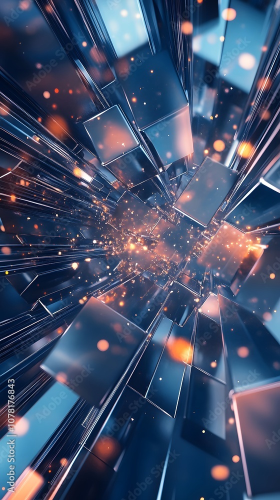 Poster 50. a dynamic 3d environment with rotating geometric shapes, glowing panels, and vertical space for 
