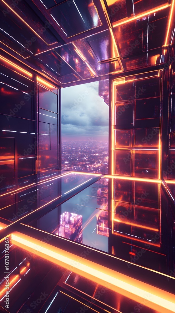 Poster 50. a dynamic 3d environment with rotating geometric shapes, glowing panels, and vertical space for 