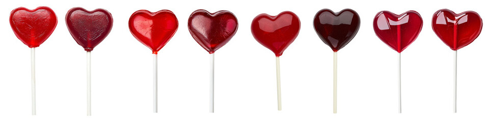 A row of heart-shaped lollipops in various red shades on sticks, showcasing a sweet and festive presentation.