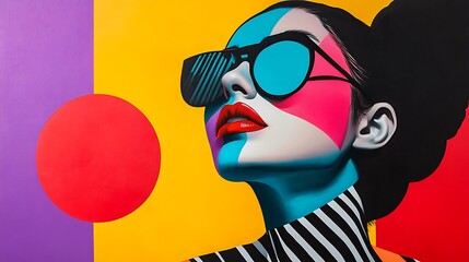 A stylized portrait of a woman with bold colors and geometric shapes.
