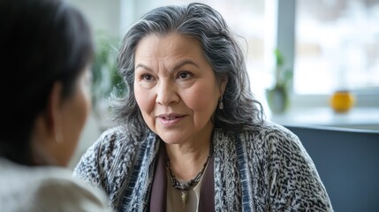 North American indigenous rights attorney discussing case with client. bright and inviting office.