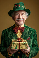 Fototapeta premium Festive Portrait of Caucasian Elderly Male Wearing Green Holiday Suit With Hat Holding Christmas&nbsp;Gift