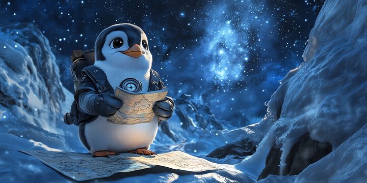 A cute penguin explorer with a compass and map standing on a snowy mountain, looking up at the starry night sky.