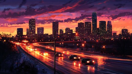 Fototapeta premium Urban skyline with vibrant streetlights and cars zooming below for a cityscape wallpaper