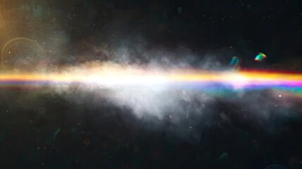 A colorful rainbow band of light streaks across a dark space with a cloud of dust.