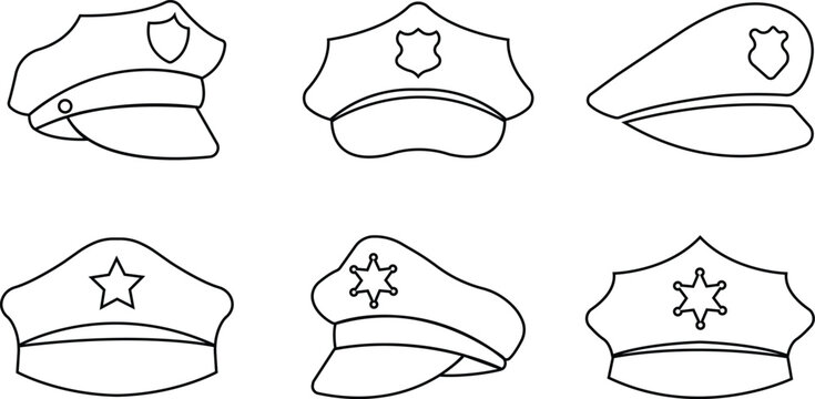 Black police hat line icons set. Police officer uniform item with badges. Realistic policeman uniform headgear vectors from law and justice for web and mobile apps isolated on transparent background.