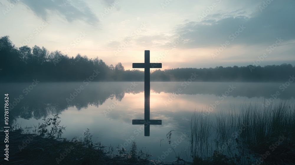 Poster cross over a misty lake at dawn, creating a peaceful space for reflective messages