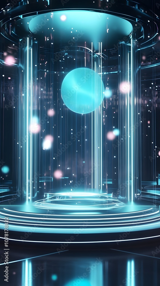 Poster 36. a futuristic 3d showcase with digital projections, rotating shapes, and an ample open vertical a