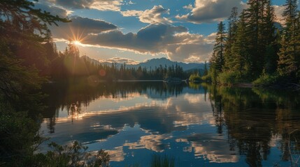 Fototapeta premium Serene Sunset Over Tranquil Forest Lake