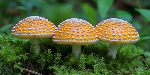Vibrant orange-capped mushrooms growing in the forest on moss-covered floor