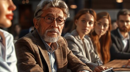 Obraz premium Business people are sitting in a conference room with large windows during a sunset