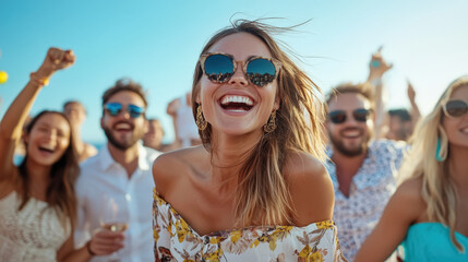 Femme joyeuse avec lunettes de soleil, c&eacute;l&eacute;brant en ext&eacute;rieur avec des amis