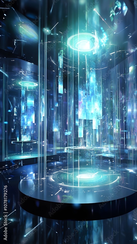 Poster 36. a futuristic 3d showcase with digital projections, rotating shapes, and an ample open vertical a