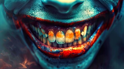 Naklejka premium Creepy Smile: A Close-Up of a Painted Face with Scary Teeth