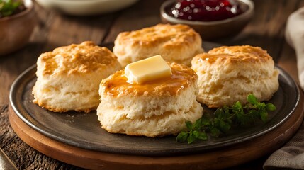 A serving of buttermilk biscuits, soft, flaky biscuits served with butter and jam.


