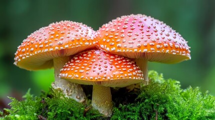 Vibrant orange-capped mushrooms growing in the forest on moss-covered floor