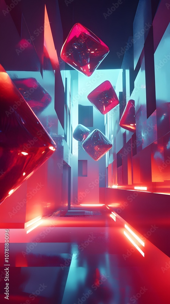 Poster 38. a dynamic 3d environment with geometric floating elements, glowing edges, and ample vertical roo