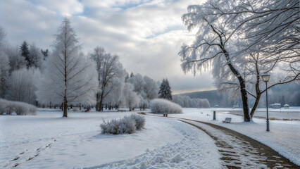 Fototapeta premium Scenic winter pathway through frosted trees and a snowy landscape