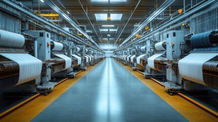 Fototapeta premium Industrial textile manufacturing facility with weaving machines.