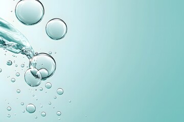 Clear water bubbles rising in a tranquil setting with a soft turquoise background, creating a serene and refreshing atmosphere for various design projects and uses
